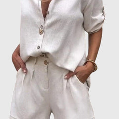 Women’s summer set in white: button-front short-sleeve shirt with matching shorts