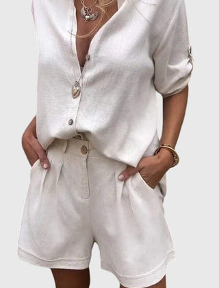 Women’s summer set in white: button-front short-sleeve shirt with matching shorts