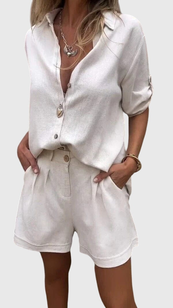Women’s summer set in white: button-front short-sleeve shirt with matching shorts