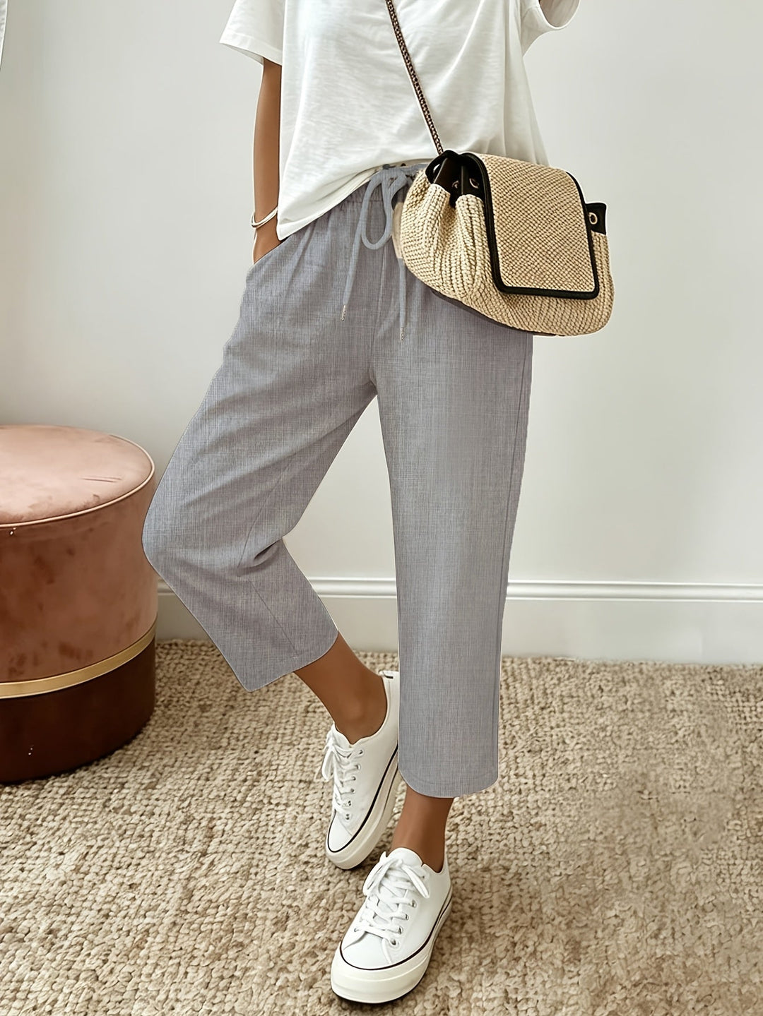 Cropped wide-leg trousers, light grey, drawstring waist with relaxed cropped leg