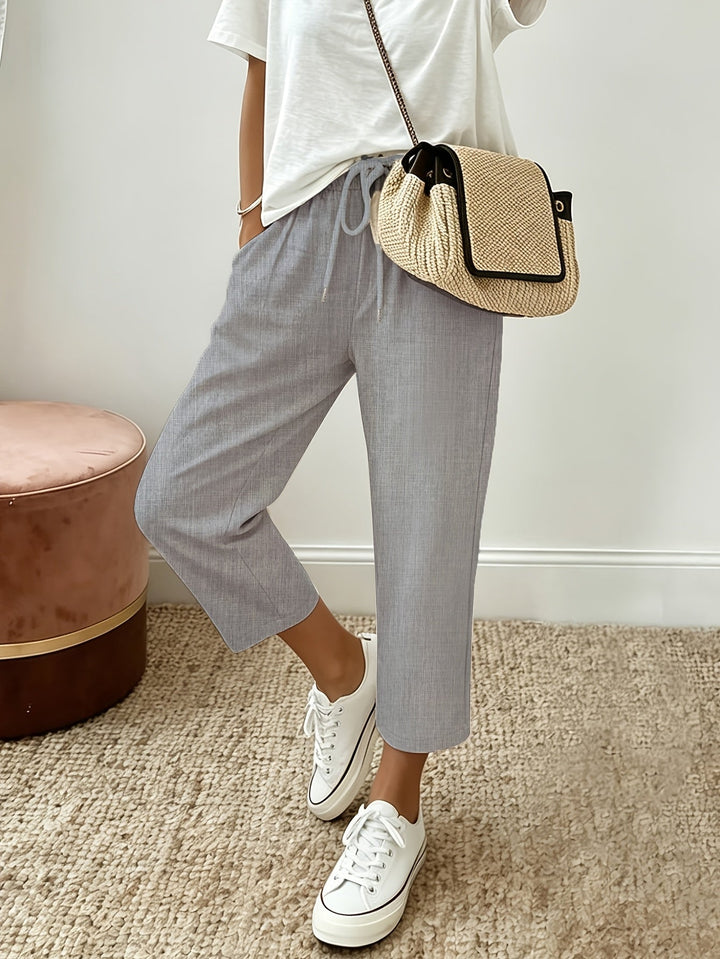 Cropped wide-leg trousers, light grey, drawstring waist with relaxed cropped leg