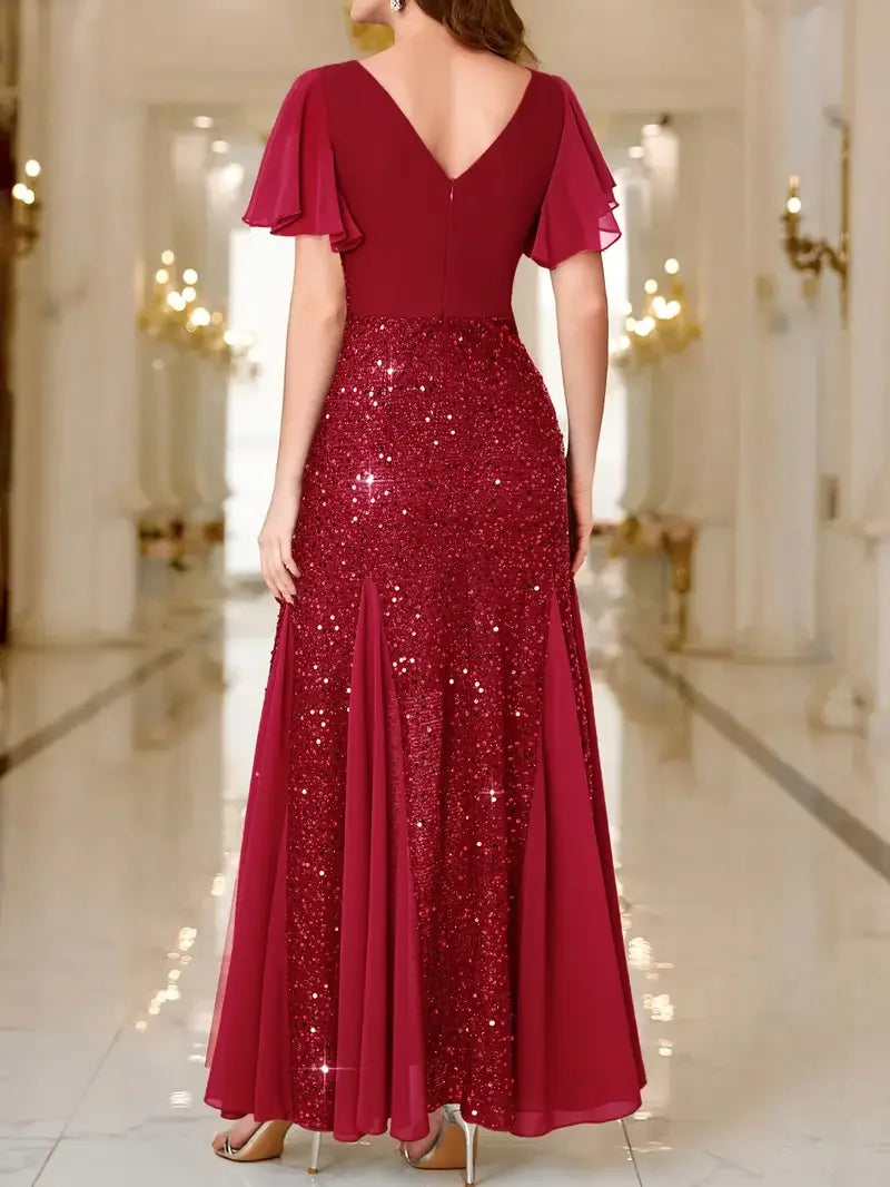 Red sequin satin dress, V-back neckline, flutter sleeves, fitted waist, flared skirt