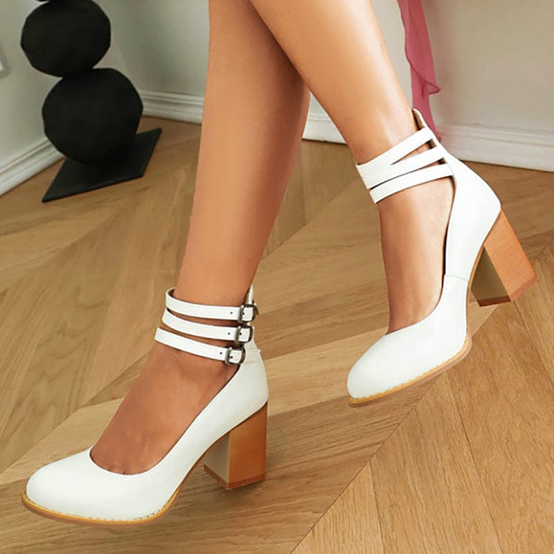 Kallie white triple-strap heeled shoes with buckles and block heel
