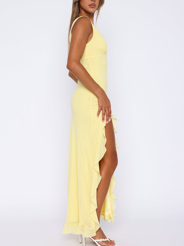 Verity yellow sleeveless maxi dress with side slit and cascading ruffles