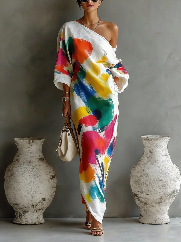Danella™ one-shoulder maxi dress in white with multicolor abstract paint print