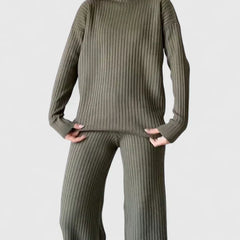 Ribbed knit two-piece set in olive green, featuring turtleneck top and wide-leg pants