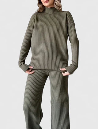 Ribbed knit two-piece set in olive green, featuring turtleneck top and wide-leg pants