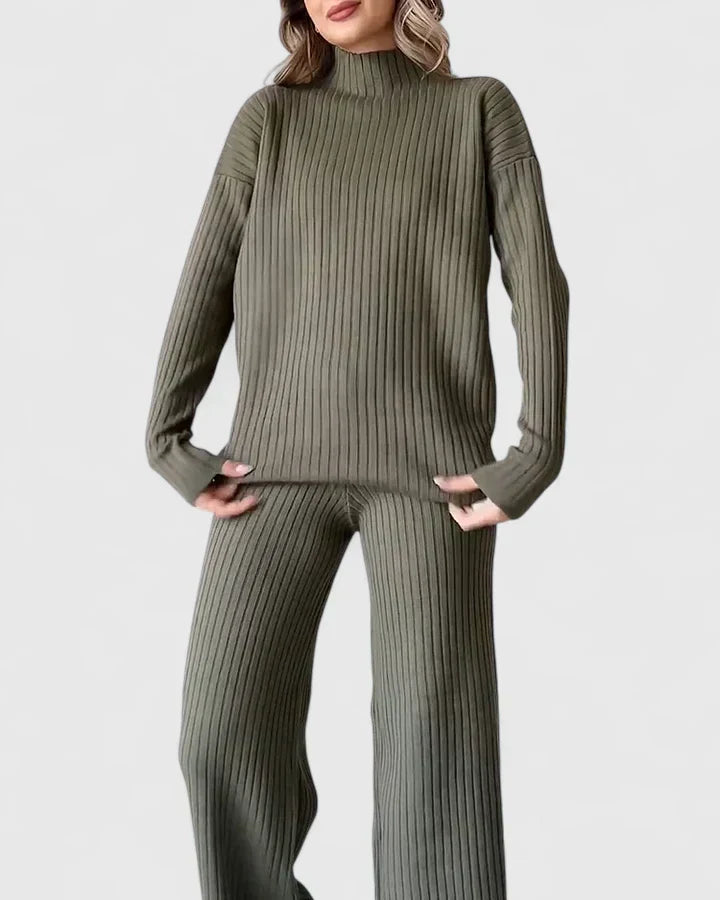 Ribbed knit two-piece set in olive green, featuring turtleneck top and wide-leg pants
