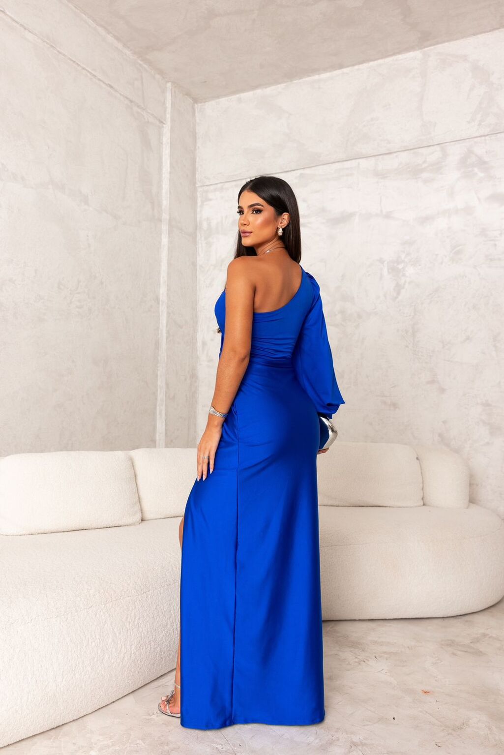 Royal blue one-shoulder satin maxi dress with draped bodice and side slit