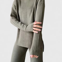 Ribbed knit two-piece set in olive green, turtleneck top with long sleeves and pants