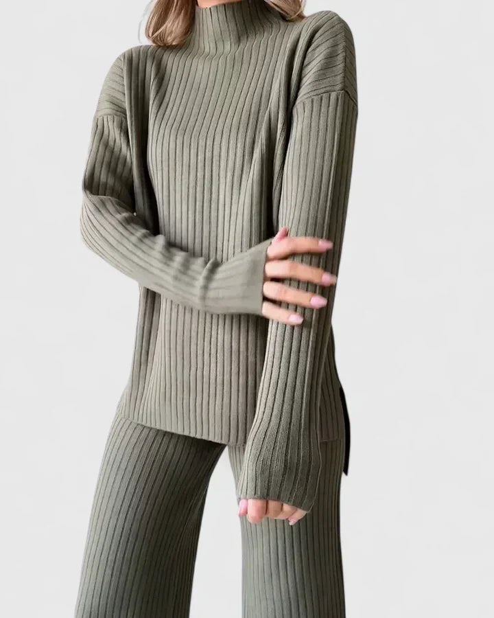 Ribbed knit two-piece set in olive green, turtleneck top with long sleeves and pants