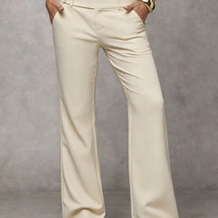 Beige high-rise wide-leg trousers with button closure and belt loops