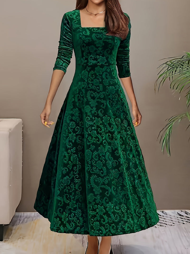 Green velvet midi A-line dress, square neckline, long sleeves, tonal floral pattern