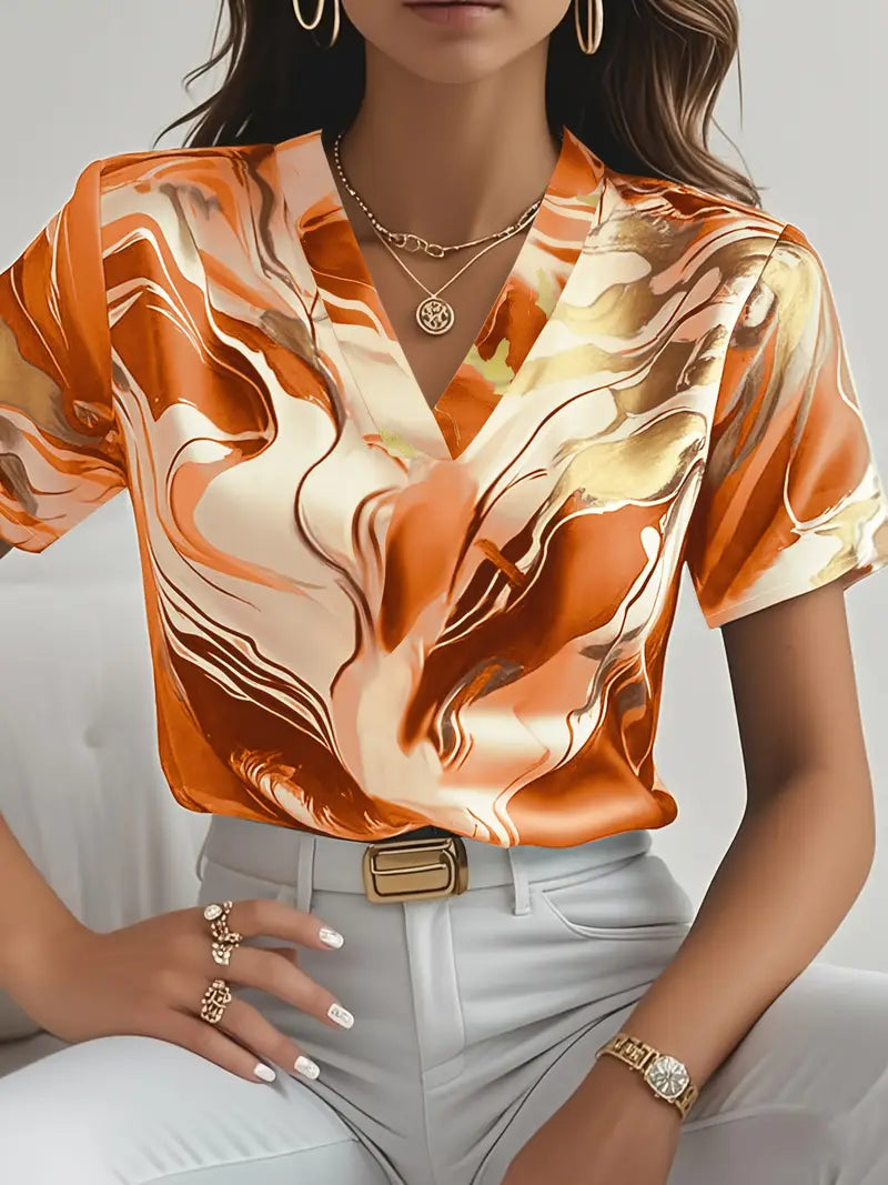 Marble print short sleeve shirt with V-neck, orange and cream swirls