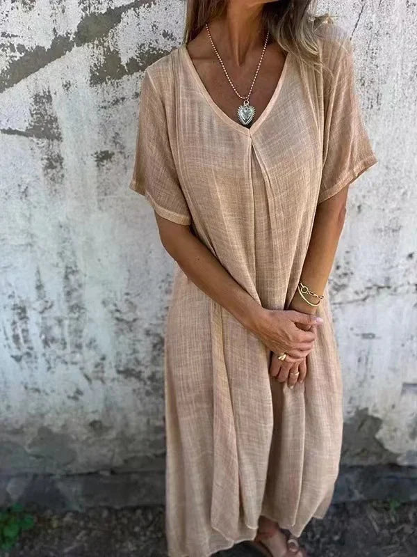 Beige breathable V-neck dress with short sleeves, loose draped fit