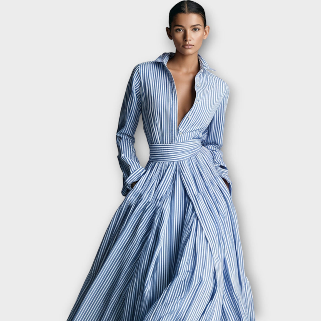 Striped button maxi dress with long sleeves, belted waist, V-neck wrap front