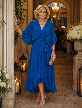 V-neck dress, royal blue with tied waist and flutter sleeves