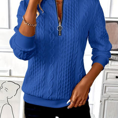 Blue zip-up cable knit sweater with stand collar and metal zipper, long sleeves
