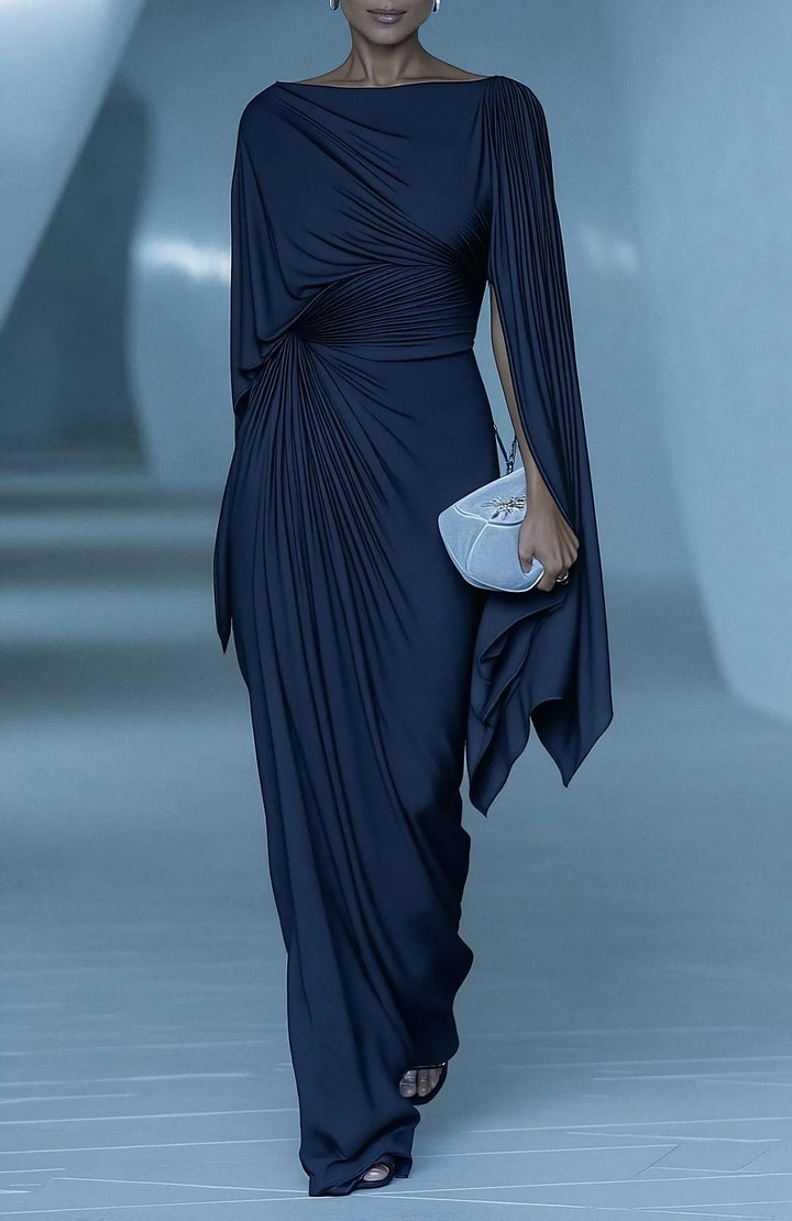 Dark blue pleated drape maxi dress with ruched wrap bodice and draped cape sleeves
