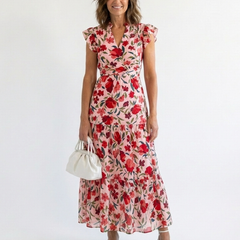 Floral V-neck tiered midi dress, cream base with red and green flower print and tiered skirt