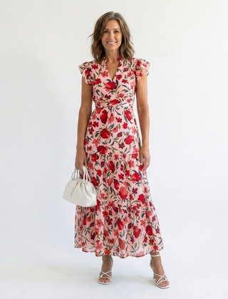 Floral V-neck tiered midi dress, cream base with red and green flower print and tiered skirt