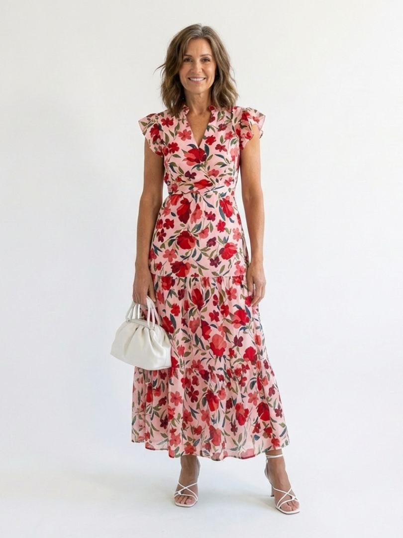 Floral V-neck tiered midi dress, cream base with red and green flower print and tiered skirt