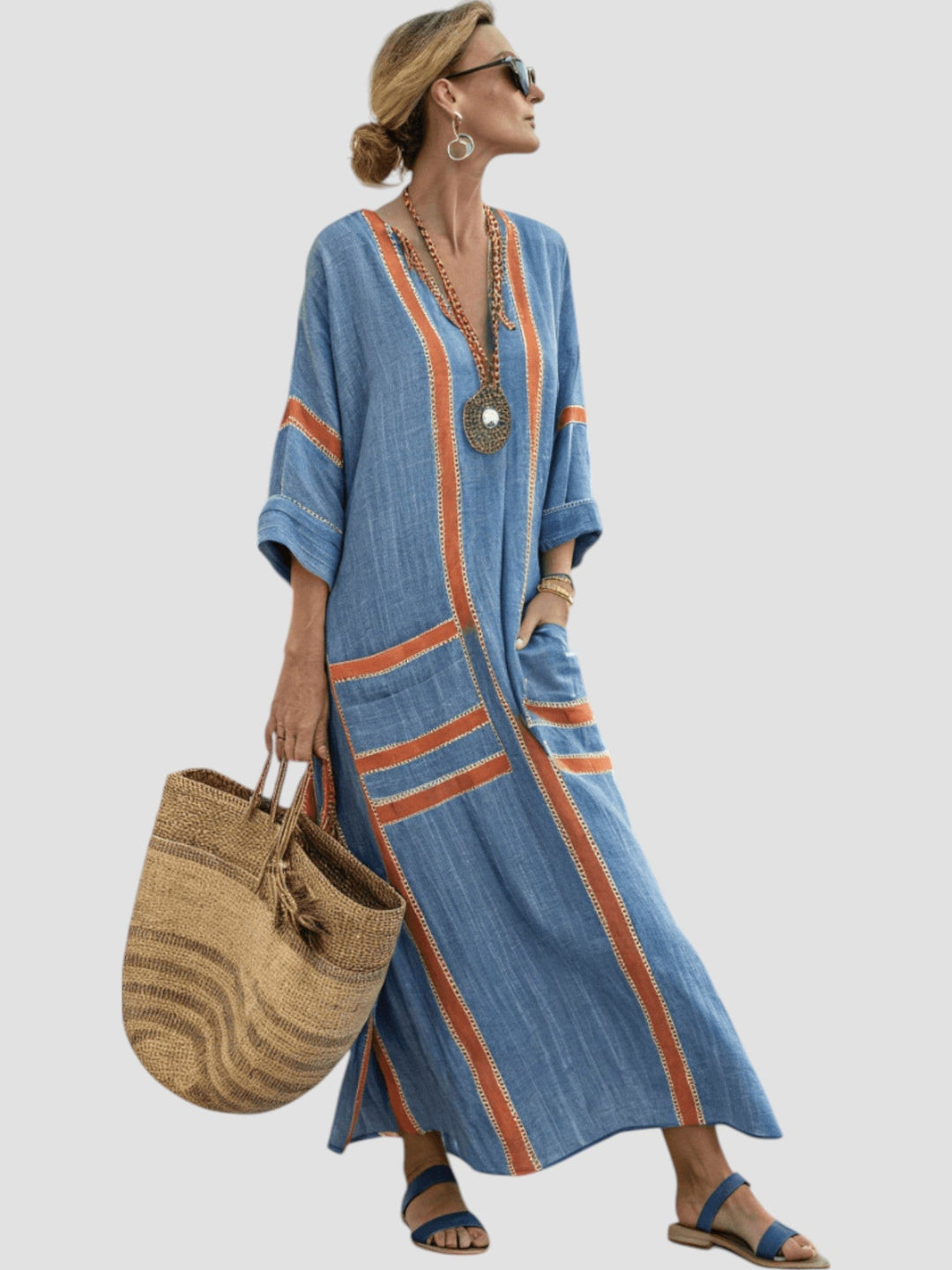 Blue V-neck midi dress with orange vertical stripe panels and cuffed sleeves