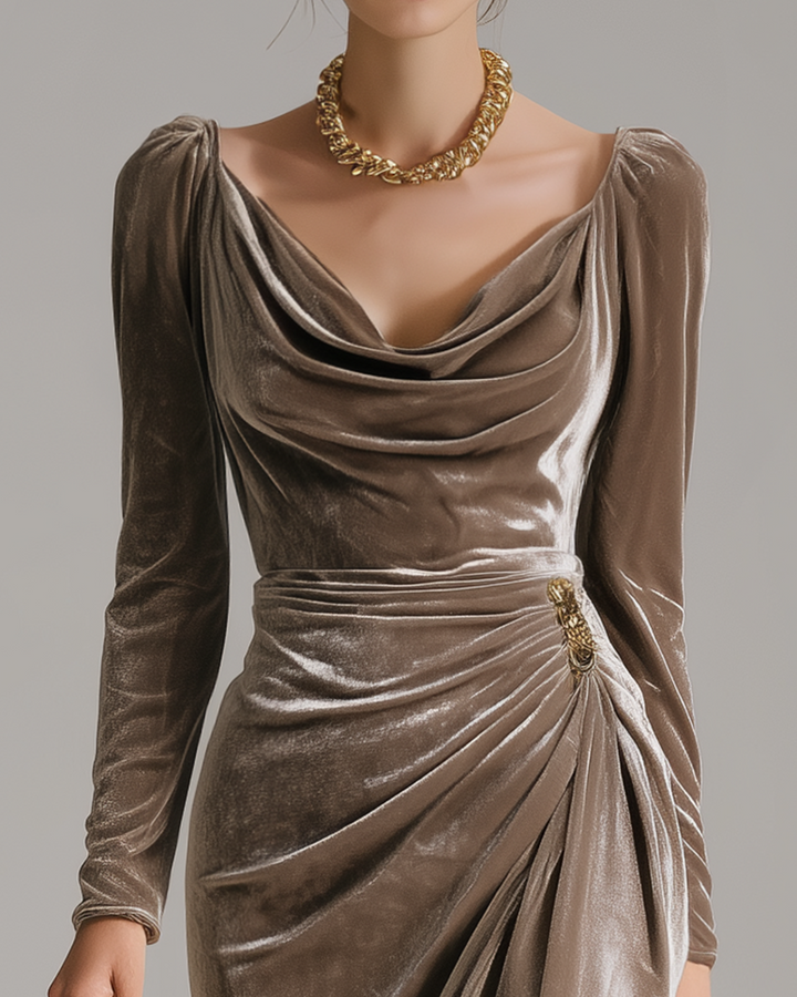 Champagne satin draped neckline midi dress with long sleeves and ruched waist