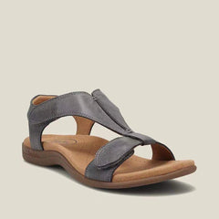 Gray orthopedic sandals with wide cross-strap and padded insole look