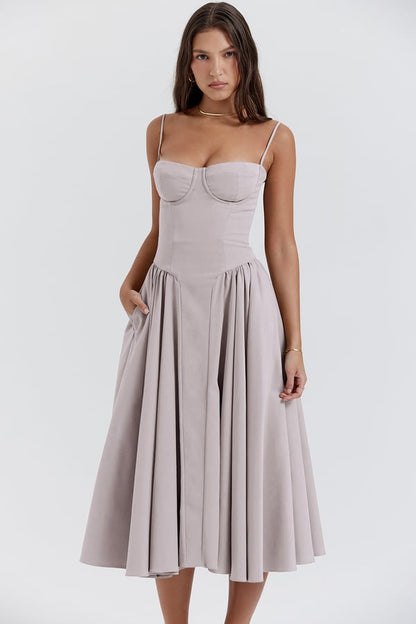 Light gray corset sundress with strapless corset bodice and pleated flared midi skirt