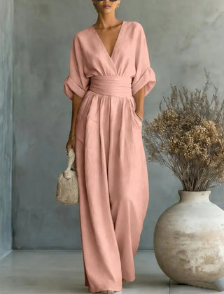 Women’s wide-leg jumpsuit in blush pink with V-neck and gathered waist