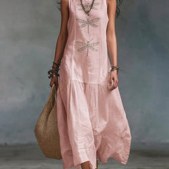 Pink sleeveless maxi dress with dragonfly embroidery and tiered skirt