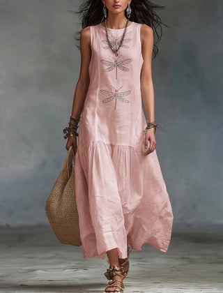 Pink sleeveless maxi dress with dragonfly embroidery and tiered skirt
