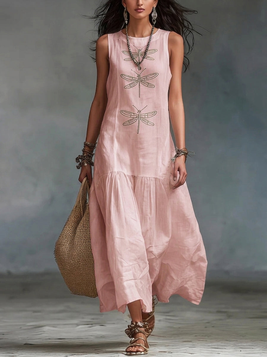 Pink sleeveless maxi dress with dragonfly embroidery and tiered skirt