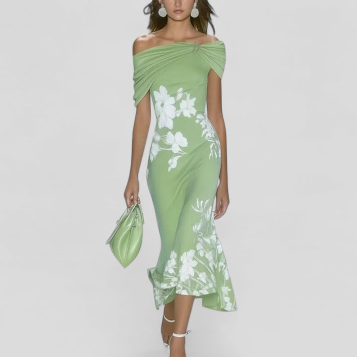 Green off-shoulder midi dress with white floral print, draped gathered neckline