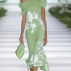Green off-shoulder midi dress with white floral print and draped wrap bodice