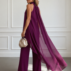 Penelope™ two-piece set, dark purple halter top with flowing back panel and wide-leg pants