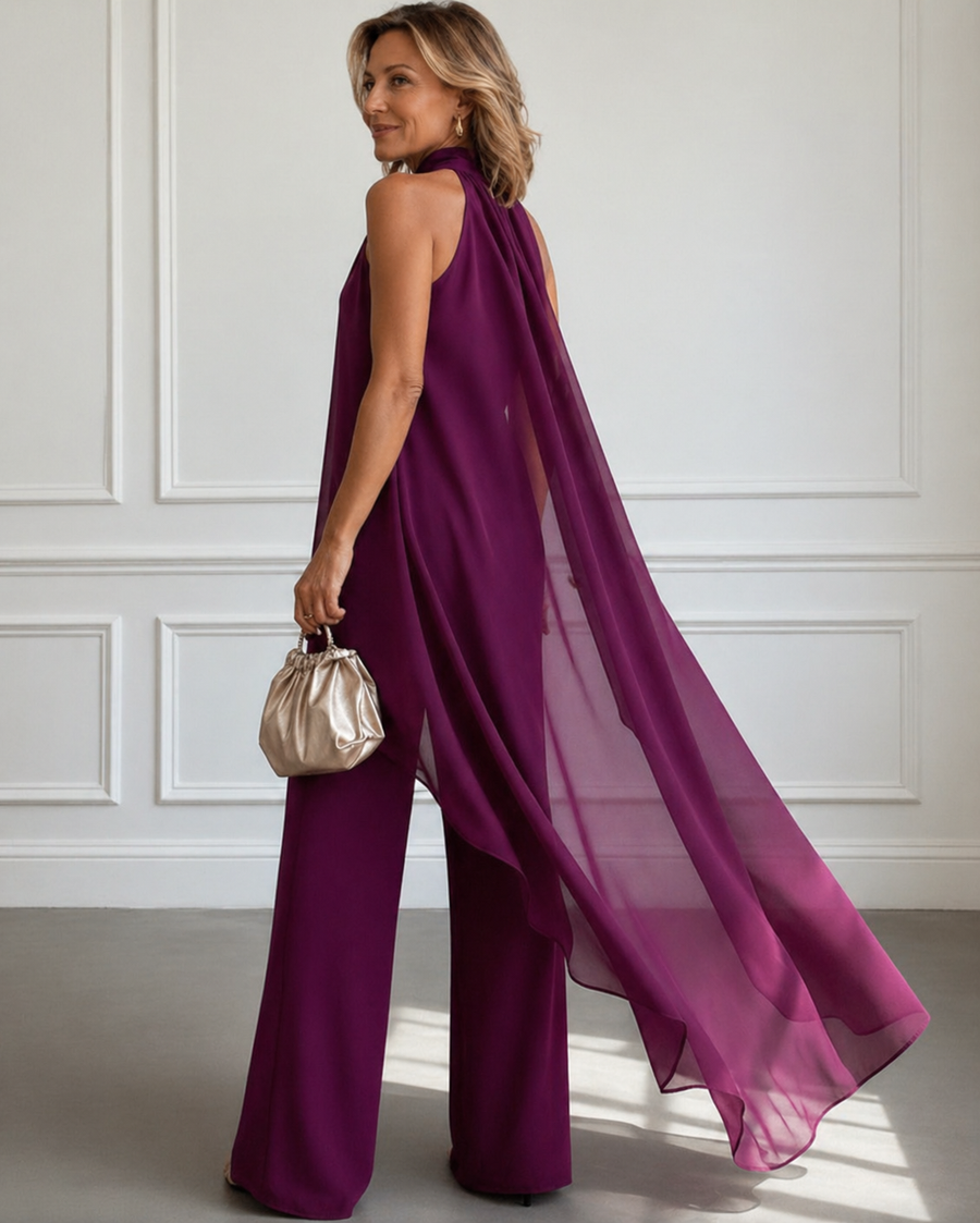 Penelope™ two-piece set, dark purple halter top with flowing back panel and wide-leg pants