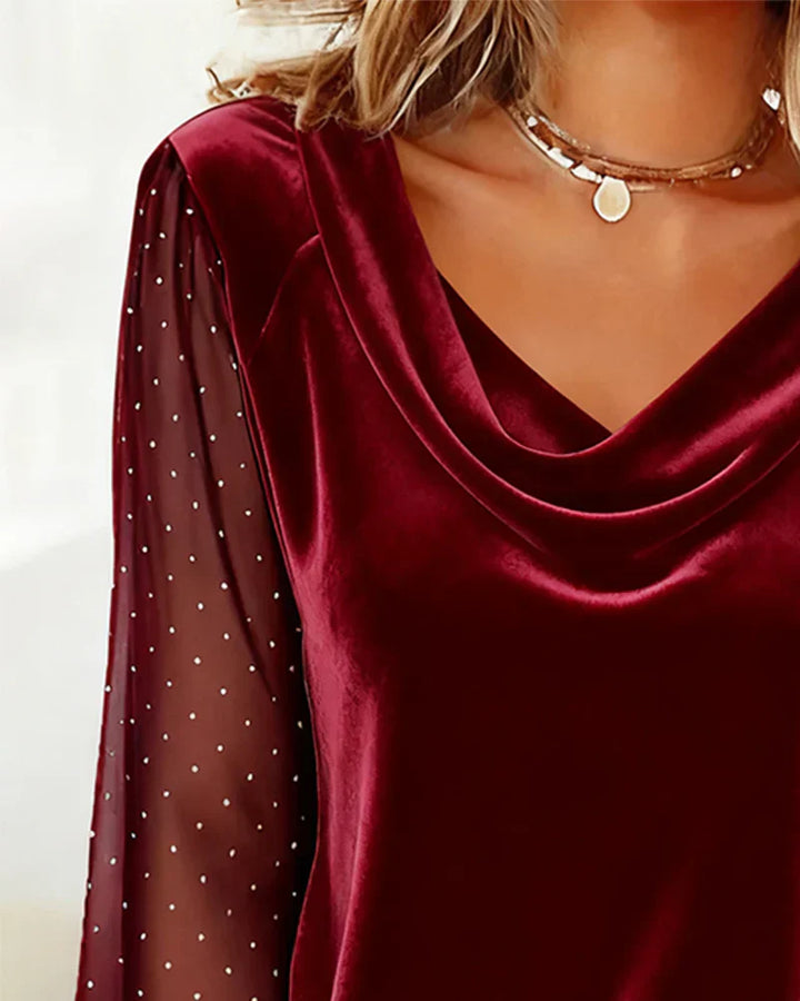 Avery™ elegant blouse with draped cowl V-neck; red top and sheer dotted sleeves