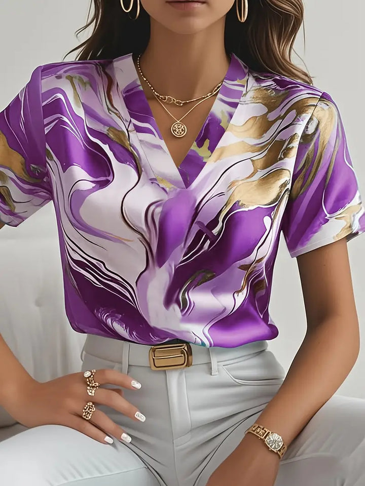 Marble print short-sleeve V-neck shirt in purple with white and gold swirl pattern