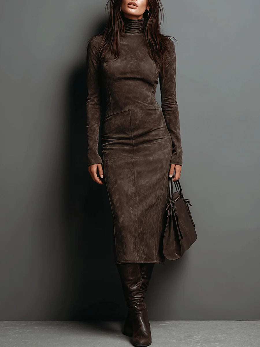 Chocolate brown velour maxi dress with high neck and long sleeves, fitted panel design