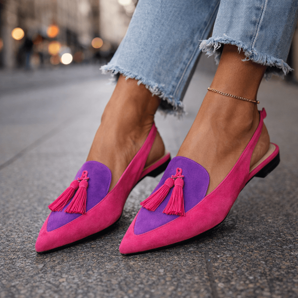 Pink and purple suede tassel loafers with matching tassels and ankle chain