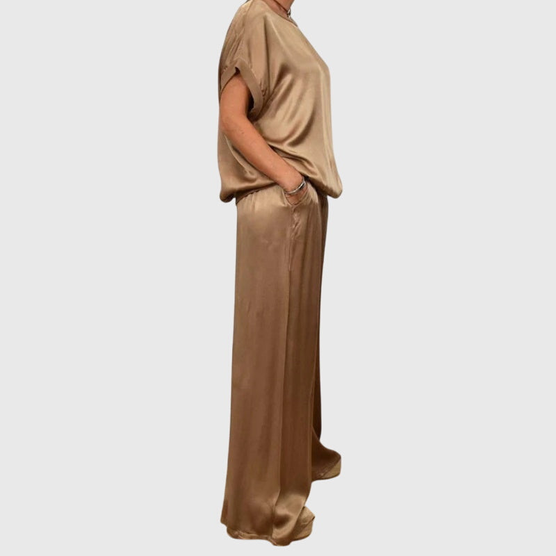 Taupe satin two-piece set with short-sleeve top and drawstring wide-leg pants