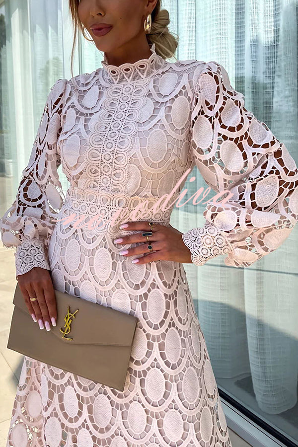 Light pink lace midi dress with high neck and long puff sleeves, scalloped lace detail.