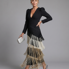 Multicolor long-sleeve V-neck midi fringe wrap dress with black bodice and tiered tassels