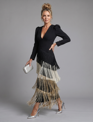 Multicolor long-sleeve V-neck midi fringe wrap dress with black bodice and tiered tassels