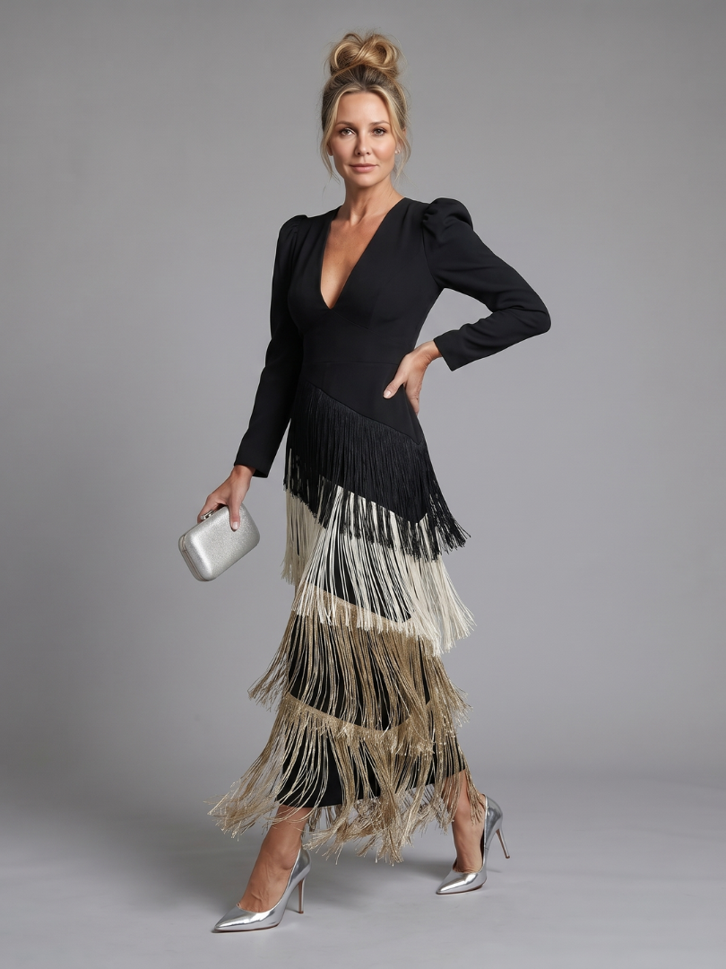 Multicolor long-sleeve V-neck midi fringe wrap dress with black bodice and tiered tassels