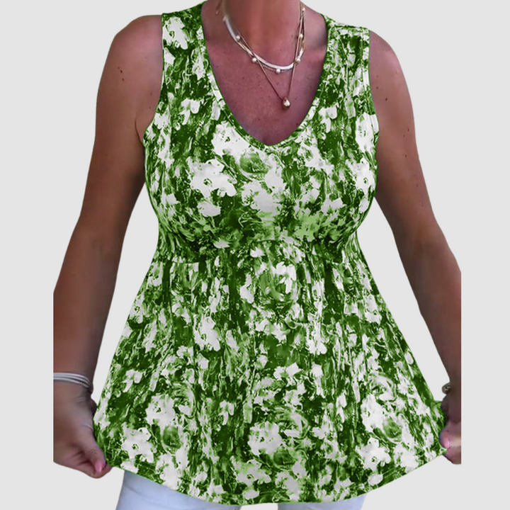 Sleeveless scoop-neck breathable top, green and white abstract print, gathered waist