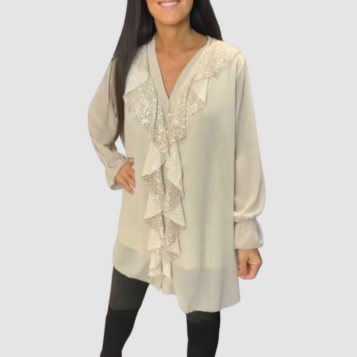 Beige ruffled V-neck blouse with sequin front detail, long sleeves, tunic style