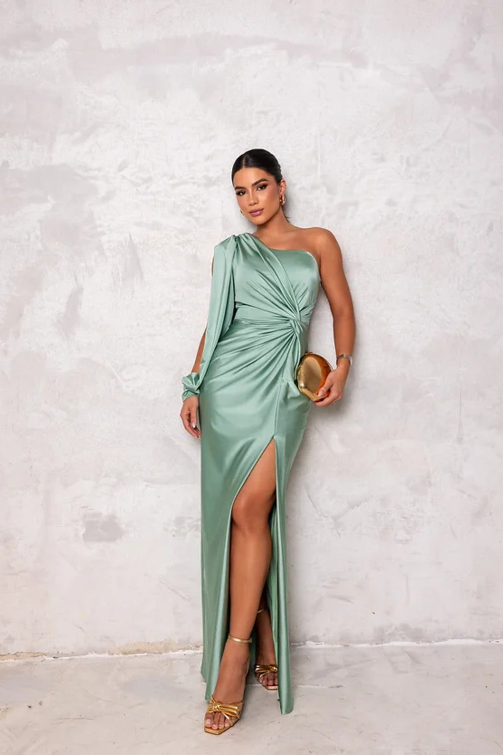 Sage green one-shoulder satin maxi dress with draped twist and thigh slit